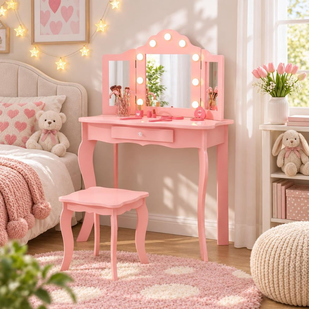 Airfind Kid Vanity Table Stool Set with Tri-Folding Mirror and 3-Color LED Lights, 66 lbs Capacity, P2 MDF Glass Frame, for 3+ Years Old, Pink