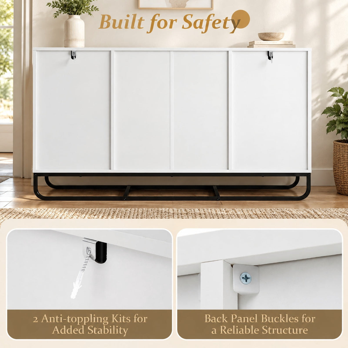 Airfind Modern Buffet Sideboard Cabinet w/ 2 Drawers Adjustable Shelves for Dining Room, 176 lbs Capacity, Engineered Wood Metal Frame, White