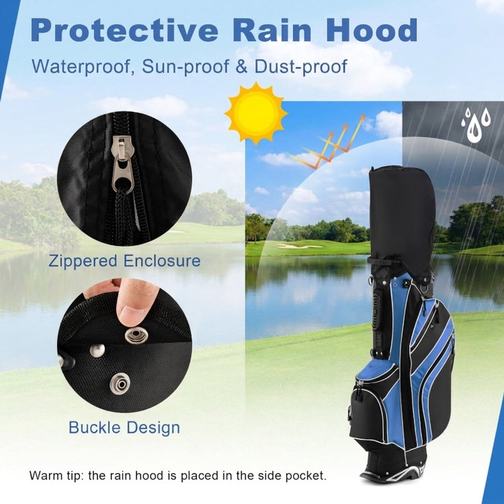 Airfind 10.5 in Golf Stand Bag with 14-Way Dividers and 7 Zippered Pockets featuring a rain hood with towel rings and dual carry straps for walking rounds, Navy