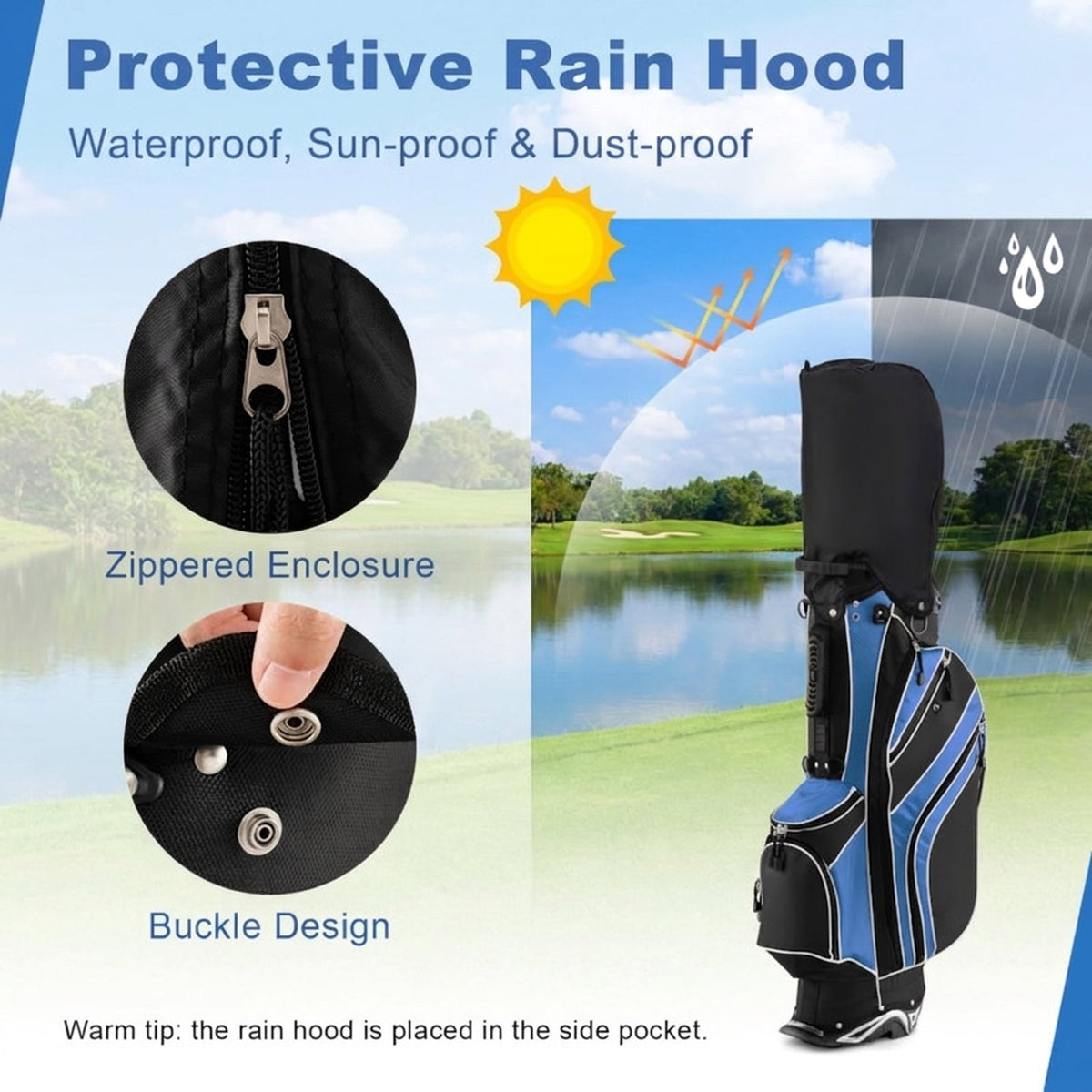 Airfind 10.5 in Golf Stand Bag with 14-Way Dividers and 7 Zippered Pockets featuring a rain hood with towel rings and dual carry straps for walking rounds, Navy