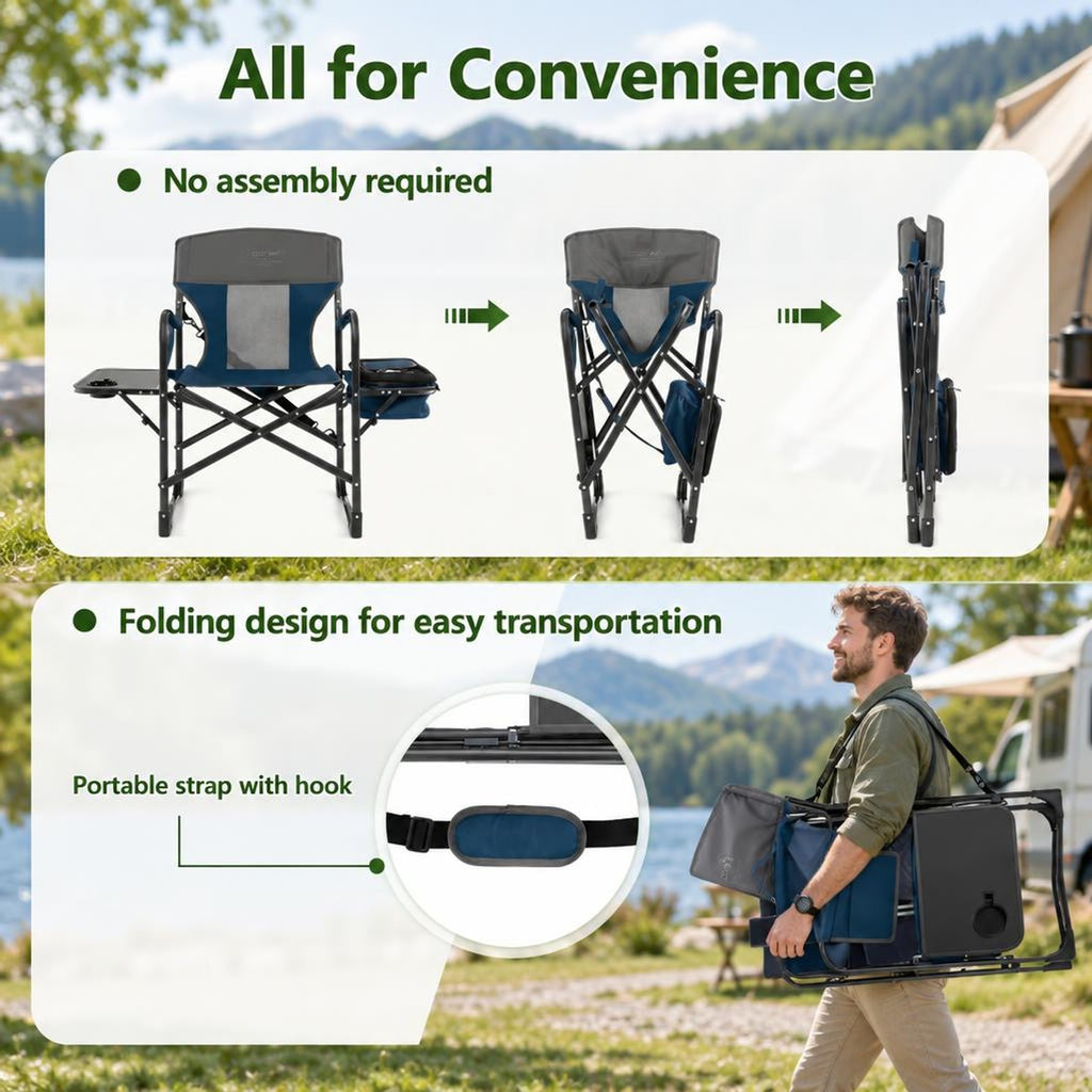 Airfind Folding Camping Directors Chair with Cooler Bag and Side Table, 400 lbs Capacity, Metal Oxford Cloth Frame, 45 x 22 x 39 Footprint, Blue
