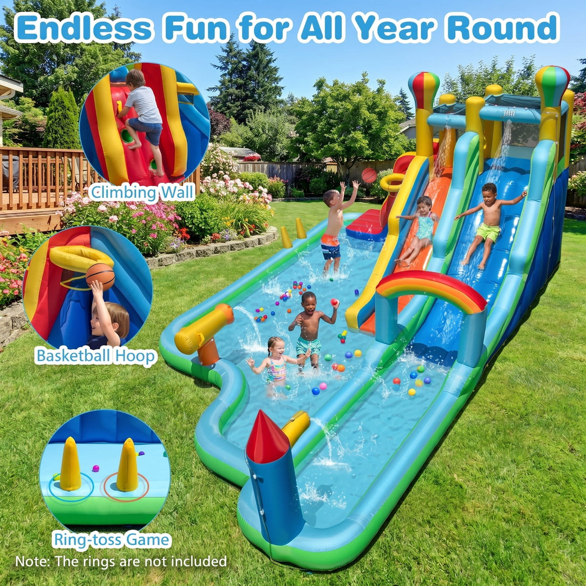 Airfind Giant Inflatable Water Slide Park with Double Long Slides, Climbing Wall, Basketball Hoop, 50 Ocean Balls, 225x145x105in for Kids 3-12