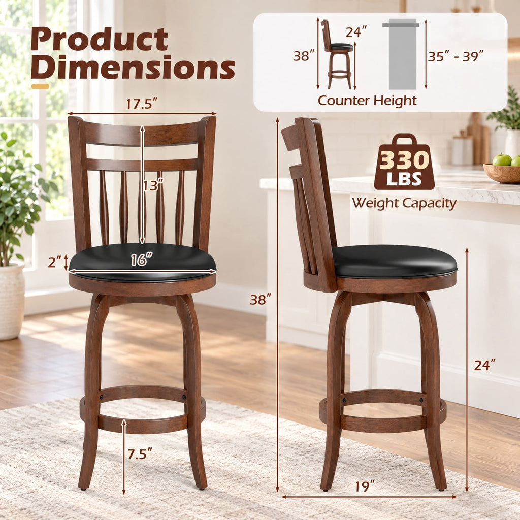 Airfind Swivel Bar Stools Set of 2 Counter Height Faux Leather Upholstered Barstools-24 Inches, 330 lbs Capacity, Expresso and Black