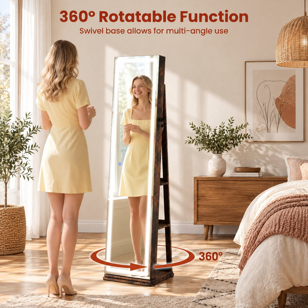 Airfind 360° Swivel Freestanding Jewelry Cabinet with Lighted Full Length Mirror, MDF Frame, Brown, Open storage shelves for easy reach