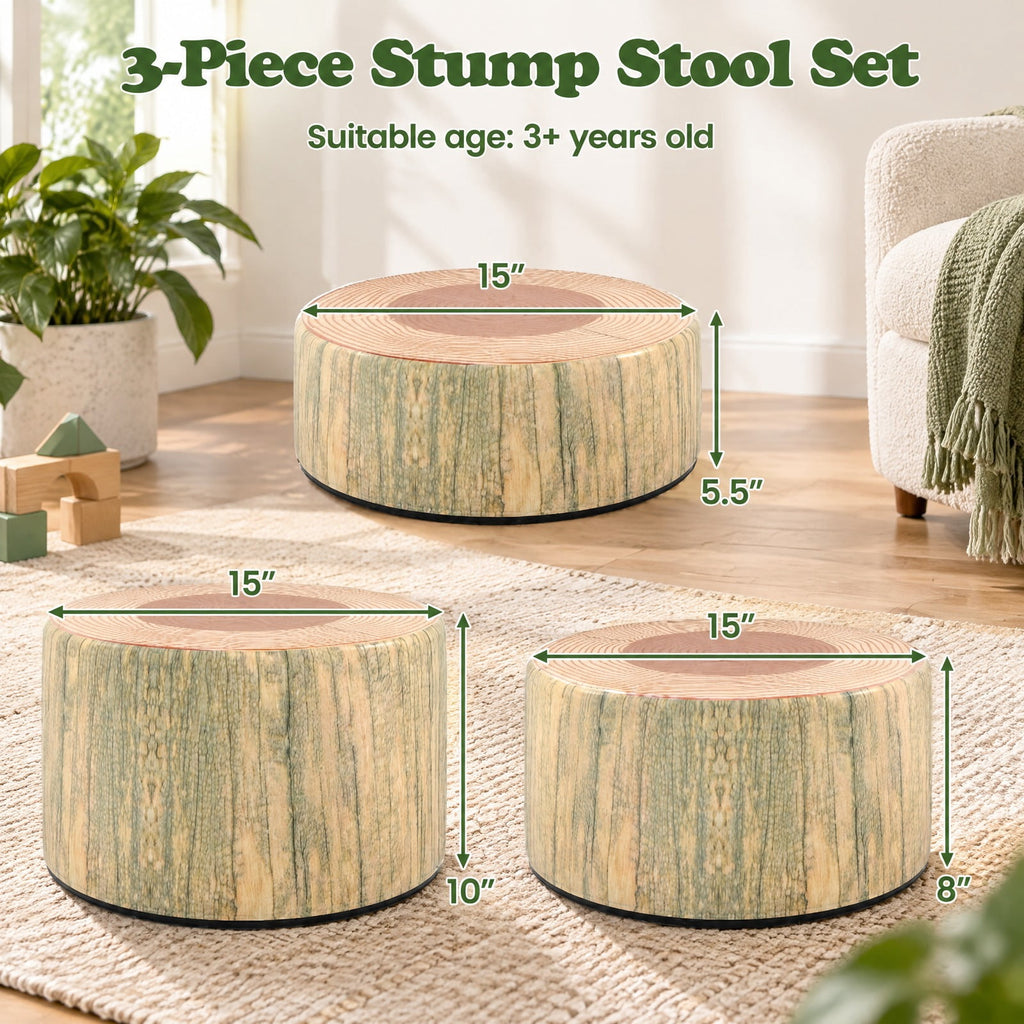 Airfind 3-Piece Tree Stump Stool Set with Wood Printing Nature Decoration, PU Leather, for 3 and Years Old, Natural for Home, Patio, Natural