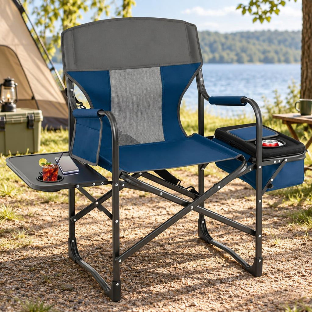 Airfind Folding Camping Directors Chair with Cooler Bag and Side Table, 400 lbs Capacity, Metal Oxford Cloth Frame, 45 x 22 x 39 Footprint, Blue