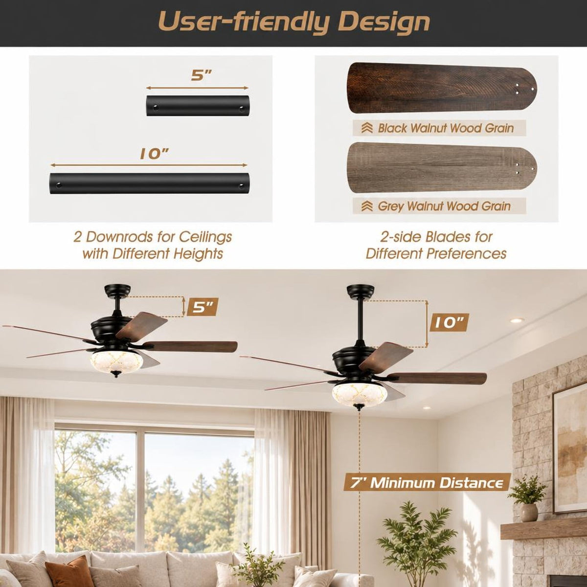 Airfind 52 Inch Ceiling Fan with 3 Wind Speeds and 5 Reversible Blades, Steel PC MDF Frame, Size 52 Inch (dia.) Length of Downrods: 5 Inch/1, Black