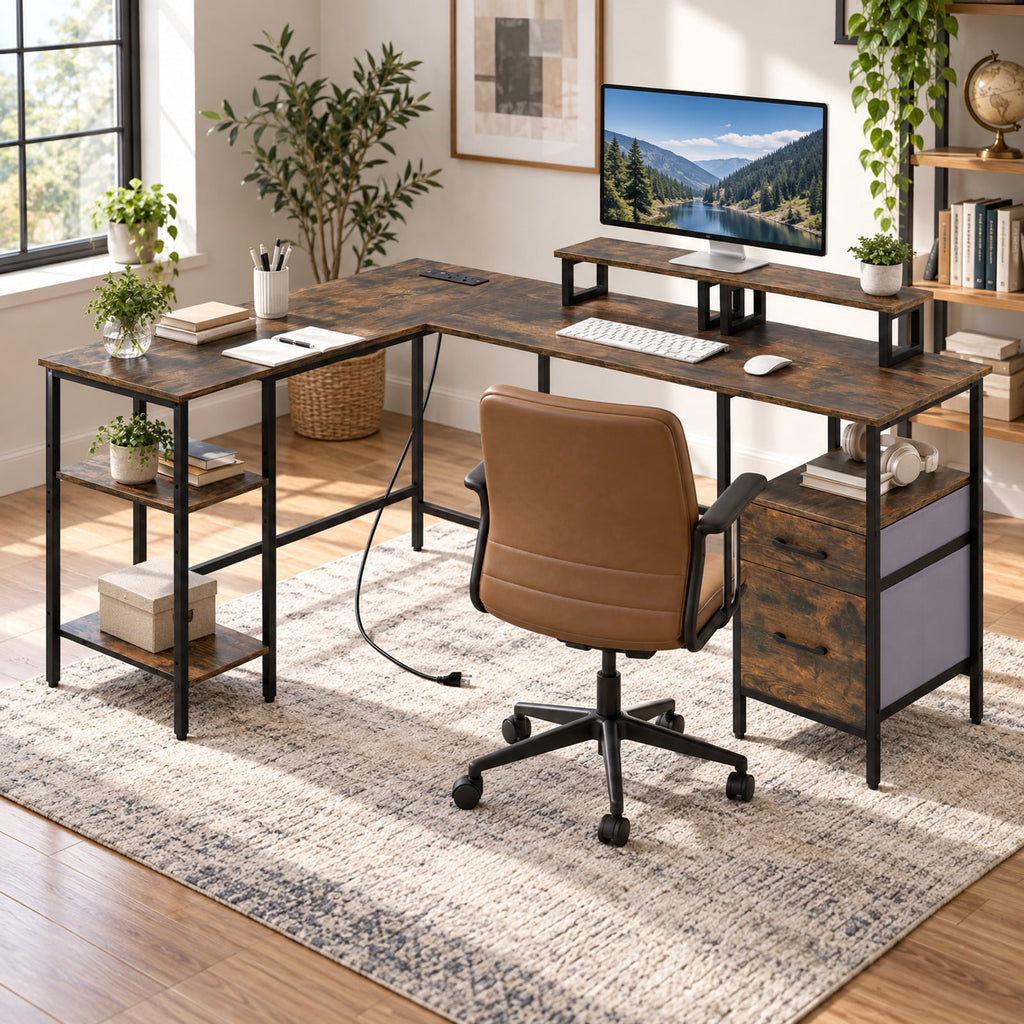 Airfind L Shaped Desk with Power Outlet Reversible Computer Desk with Monitor Stands, 155 lbs Capacity, Engineered Wood Metal Fabric Frame, Brown