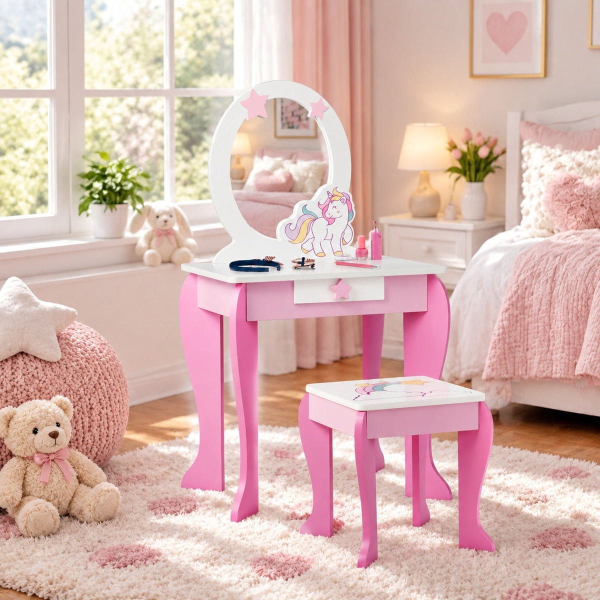 Airfind Kids Wooden Makeup Dressing Table and Chair Set with Mirror and Drawer, MDF Frame, 19 Inch x 14 Inch x 35 Inch Footprint, Pink