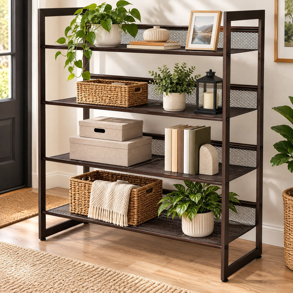 Airfind 4-Tier Flat and Slant Metal Shoe Rack for Entryway and Hallway, Steel Frame with Adjustable Mesh Shelves, 29 x 12 x 32.5, Brown