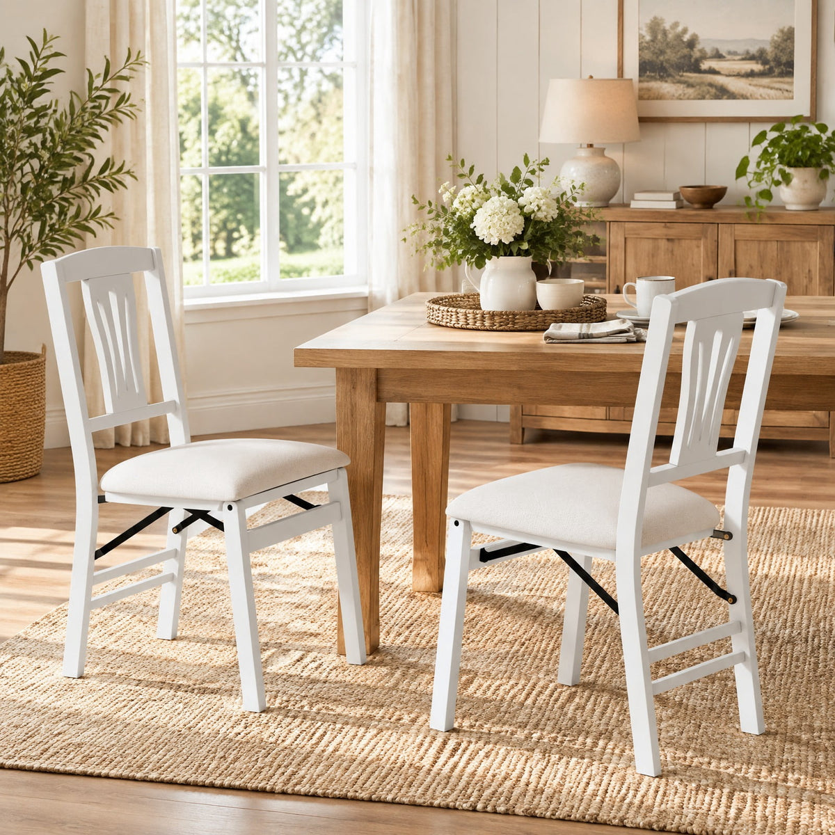 Airfind Folding Kitchen Chairs Set of 2 Upholstered Dining Chairs with Comfy Padded Seats, 375 lbs Capacity, 21 x 17 x 34.5 Footprint, White