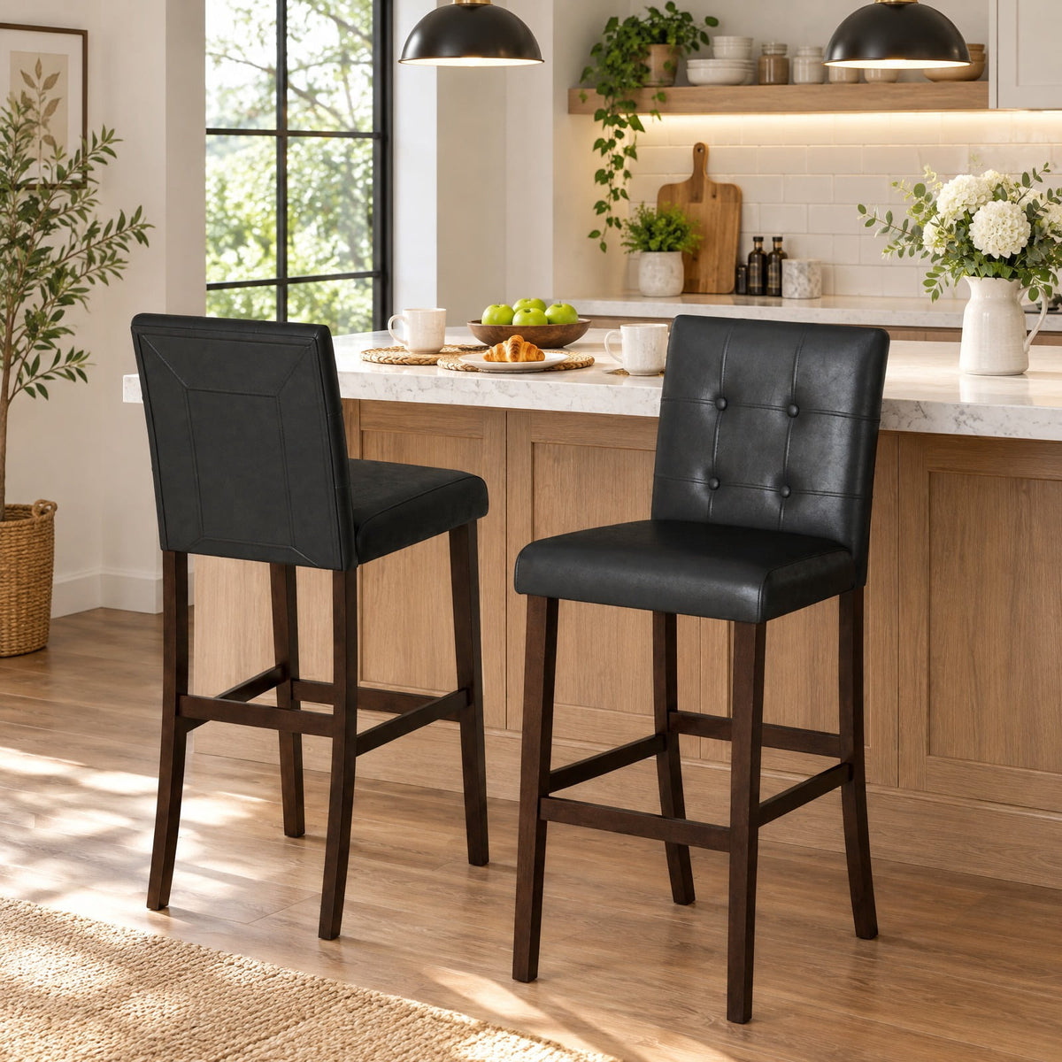 Airfind Set of 2 PVC Dining Leather Bar Stools with Solid Wood Legs-29 inches, 243 lbs Capacity, PVC rubber wood Frame, 18.5 Inch x 21 Inch x 39 Inch Footprint