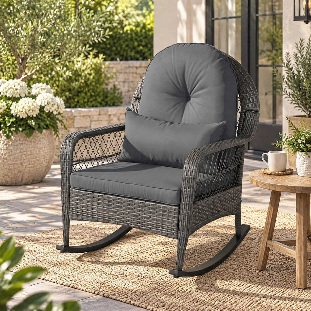 Airfind 400 LBS Patio Rattan Rocker Chair with Anti-Tip Stoppers and Thick Cushions for Porch, 400 lbs Capacity, 25 x 29 x 34 Footprint, Gray