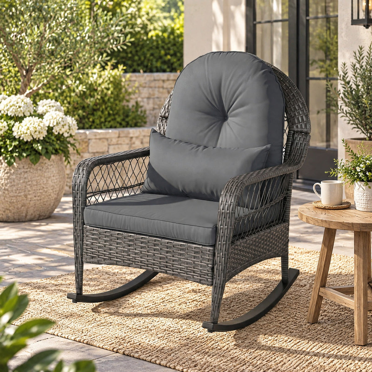 Airfind 400 LBS Patio Rattan Rocker Chair with Anti-Tip Stoppers and Thick Cushions for Porch, 400 lbs Capacity, 25 x 29 x 34 Footprint, Gray