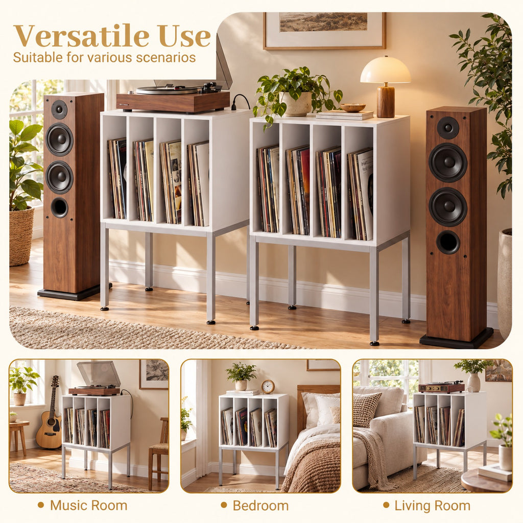 Airfind Turntable Record Player Stand with Power Outlets, 88 lbs Capacity, Engineered Wood Metal MDF Frame, 20 x 16 x 32 Footprint, White
