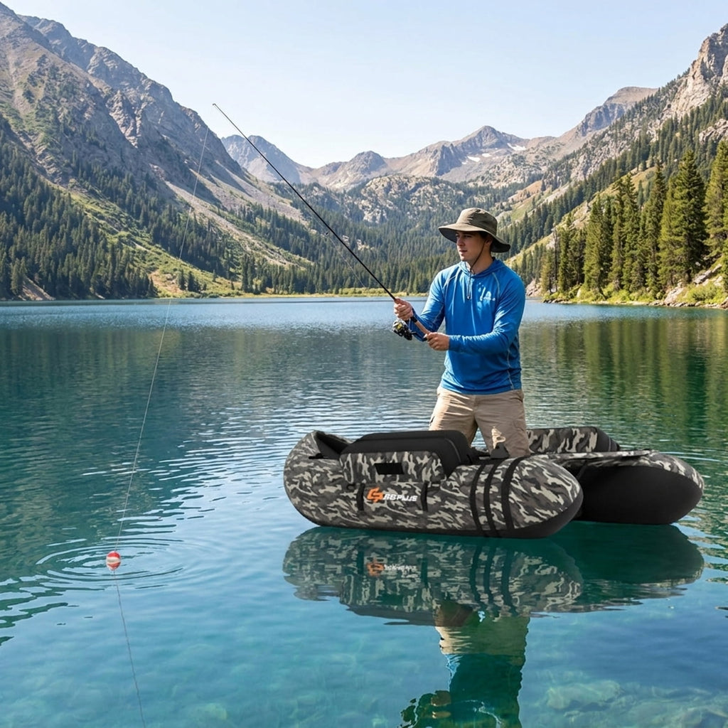 Airfind Inflatable Fishing Float Tube with 350 lb Capacity and Adjustable Shoulder Straps plus Storage Pockets and Foot Pump for Lake Pond River Bass Fly Fishing, Camouflage Multicolor