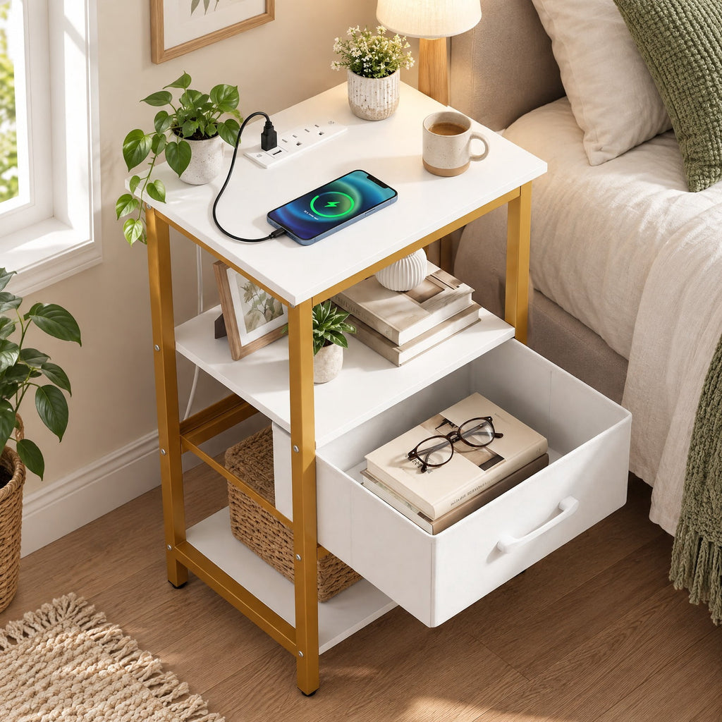 Airfind Nightstand with Charging Station and Adjustable Fabric Drawer for Bedroom and Living Room-1 Piece, 44 lbs Capacity, White and Gold