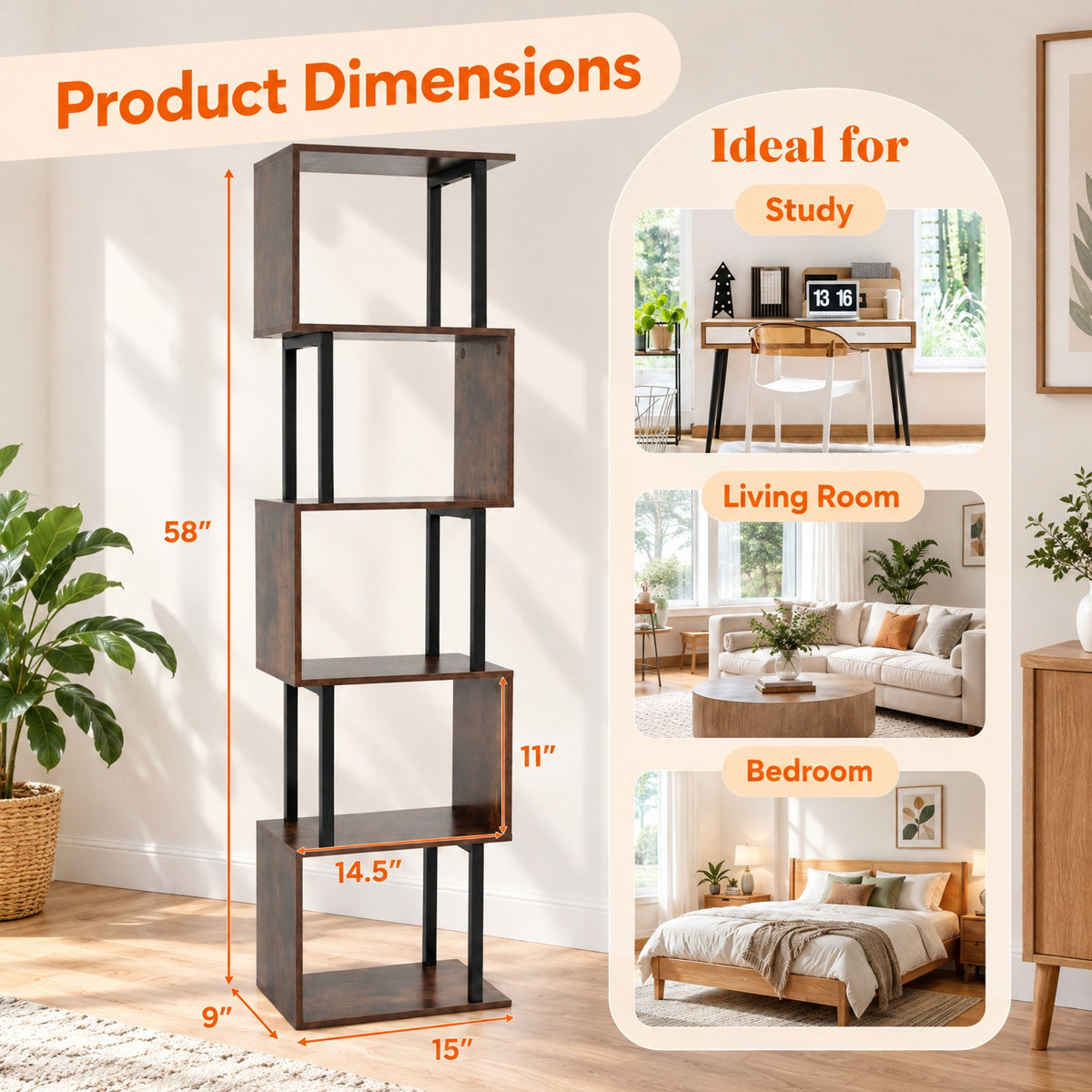 Airfind 5-Tier S-Shaped Bookshelf w/ Open Cubes Anti-toppling Kits for Living Room, 22 lbs Capacity, Engineered Wood Frame, Brown