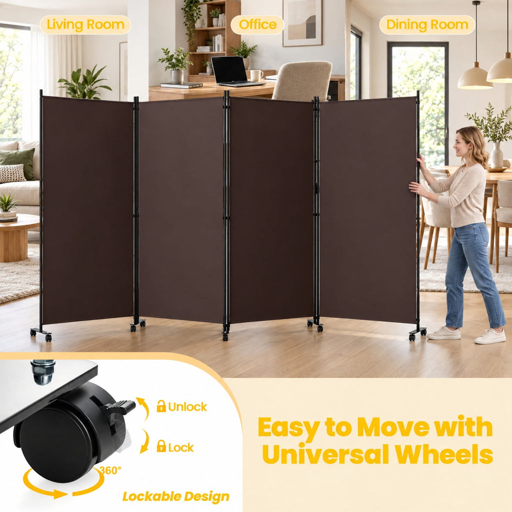 Airfind 4 Panel Folding Privacy Screen Room Divider with Wheels, Polyester Fabric Metal PP Frame, 137 x 12 x 71.5 Footprint, Brown
