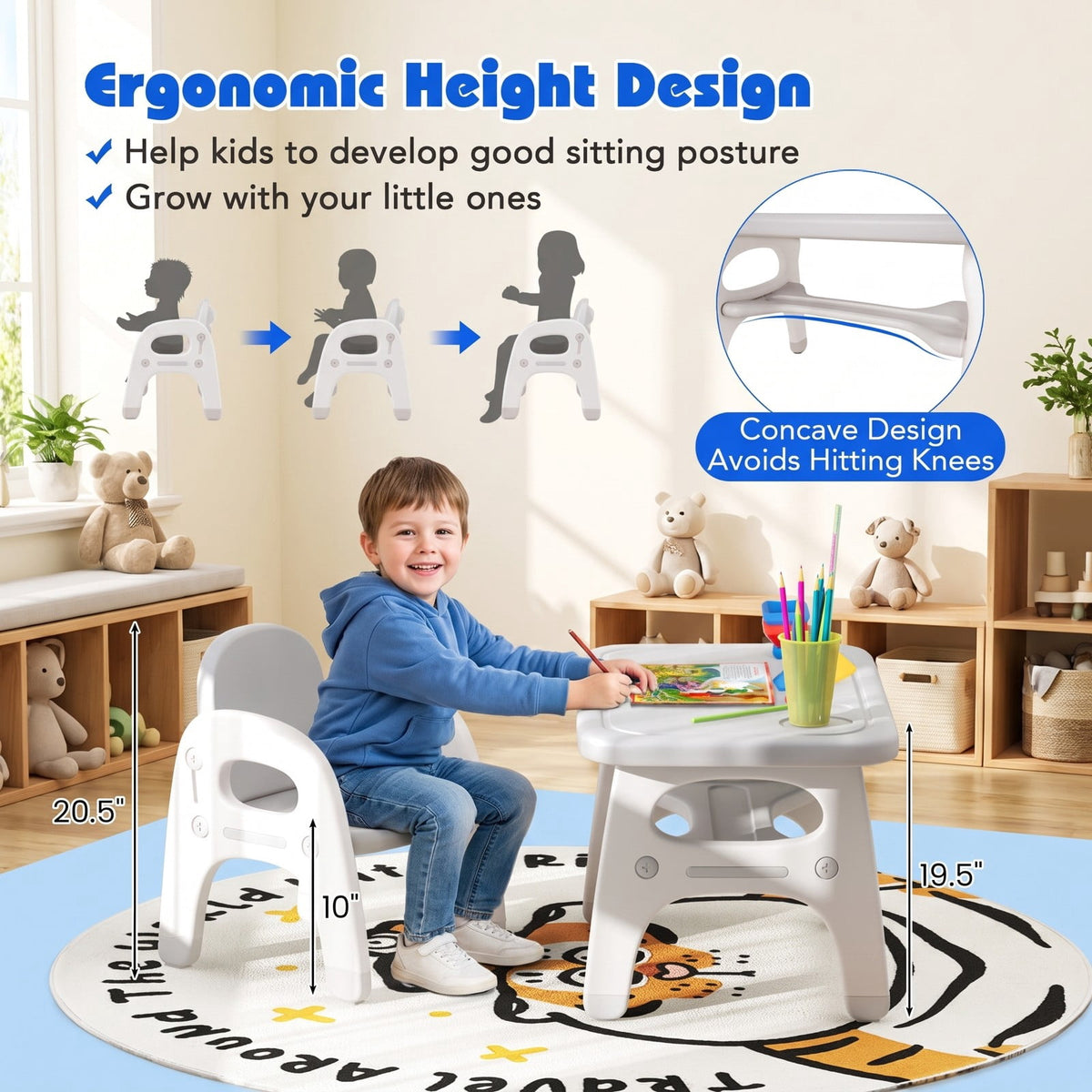 Airfind Kids Activity Table and Chair Set with Montessori Toys for Preschool and Kindergarten, 44 lbs Capacity, HDPE Frame, Gray