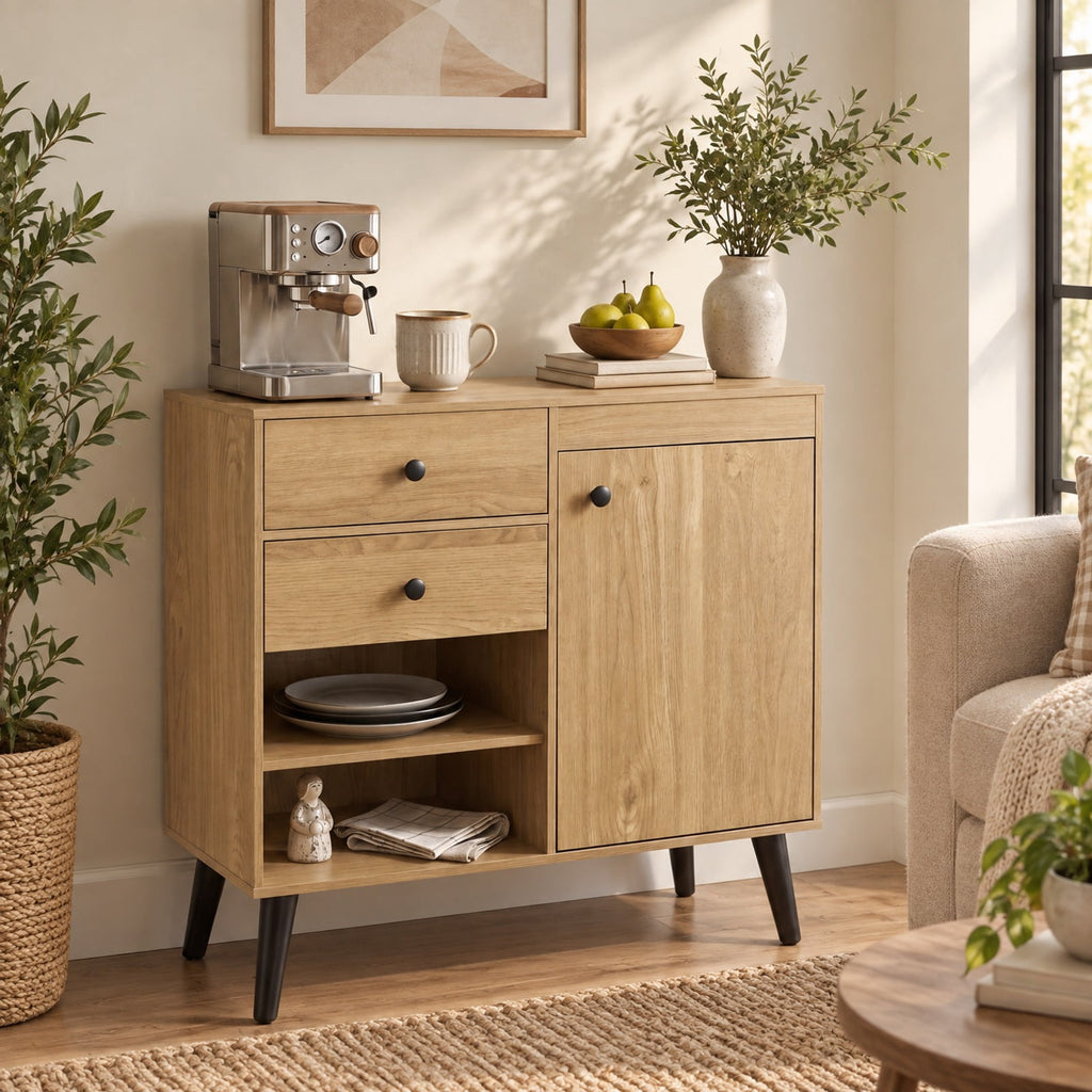 Airfind 31 Inch Sideboard Cabinet, with 2 Open Compartments and 2 Drawers, 135 lbs Capacity, Engineered Wood Frame, 31 Inch x 14 Inch x 31 Inch Footprint, Natural