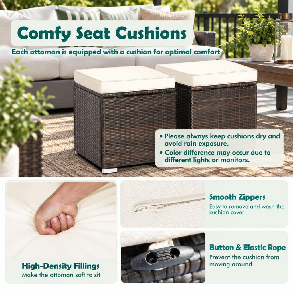 Airfind 2 Pieces Patio Ottoman with Removable Cushions, 350 lbs Capacity, Metal PE Rattan Sponge Polyester Frame, 16 x 16 x 15.5 Footprint, Brown
