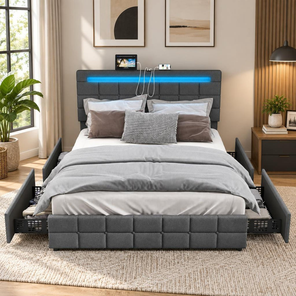 Airfind Upholstered Queen LED Bed Frame with Headboard and 4 Drawers, 880 lbs Capacity, 83 x 64 x 40.5-42.5(L x W x H) Drawer Footprint, Gray