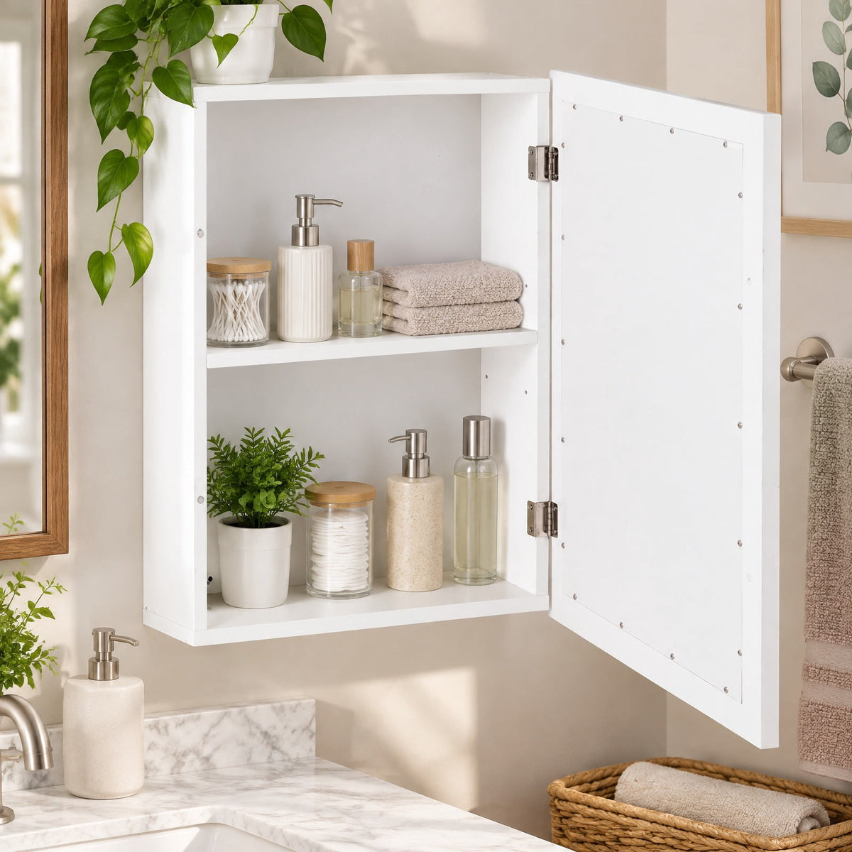 Airfind Wall Mounted Adjustable Medicine Storage Mirror Cabinet, MDF glass Frame, 20 Inch x 6 Inch x 26 Inch Footprint, White