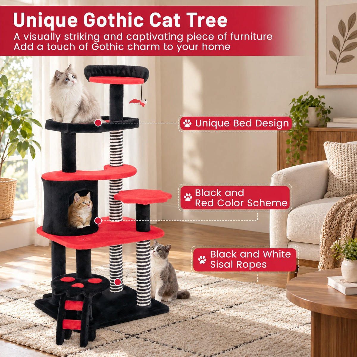 Airfind Gothic Cat Tree with Cat Bed Cat Condo and Sisal Scratching Post, 22 Lbs Capacity, Engineering Board Plush Fabric Sisal, Black