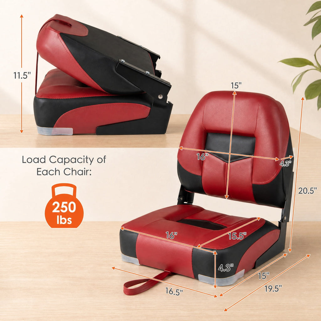Airfind Set of 2 Folding Low Back Fishing Boat Seats with Stainless Steel Screws and Ergonomic Backrest for Pontoons and Cabin Seating, Red