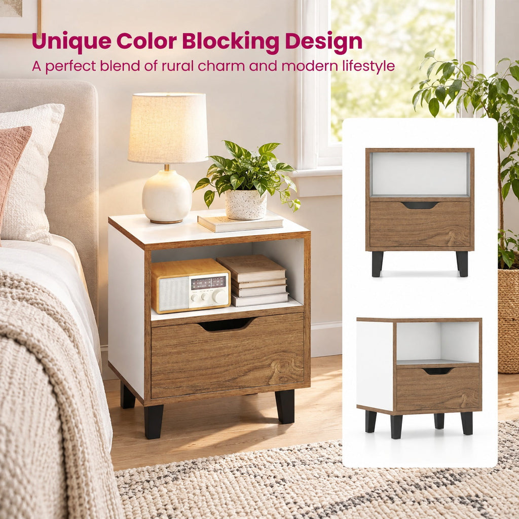 Airfind Nightstand with Drawer and Open Storage Shelf for Bedroom, 110 lbs Capacity, Engineered Wood MDF Metal Frame, 14.5in x 13in x 17.5in Footprint