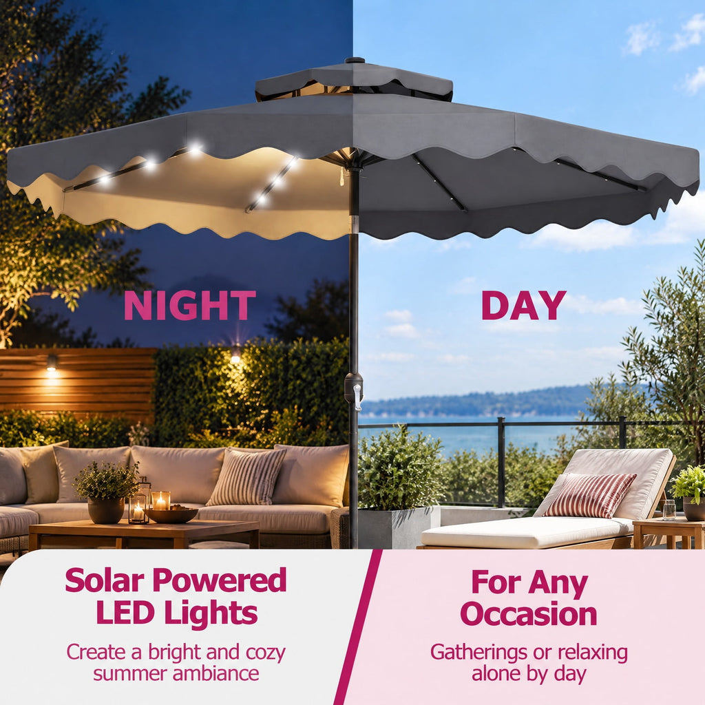 Airfind 9 FT Solar LED Patio Umbrella Push-Button Tilt and Crank 24 LED Lights and 8 Ribs, Polyester Fabric Metal Frame, 9 x 8.2 ft Footprint, Gray