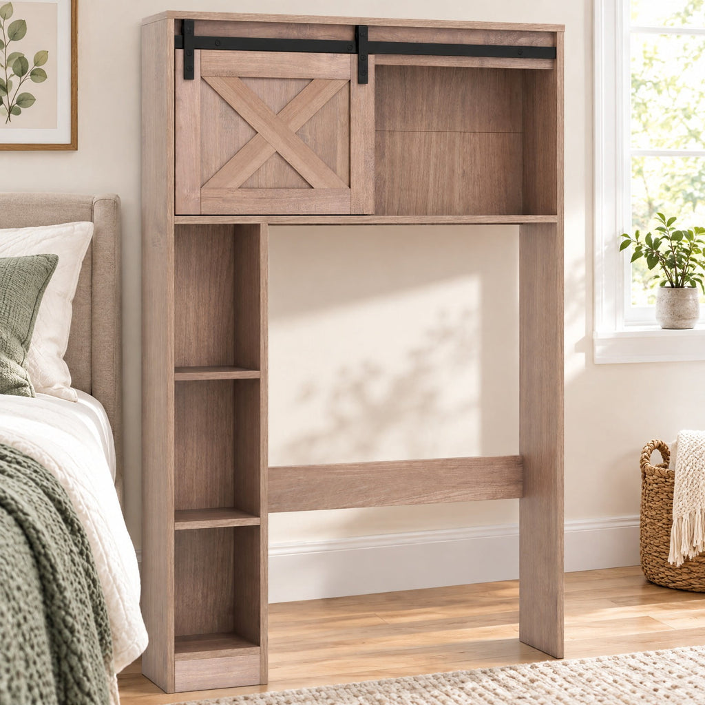 Airfind 4-Tier Over The Toilet Storage Cabinet with Sliding Barn Door and Storage Shelves, 154 lbs Capacity, Engineered Wood MDF Frame, Brown