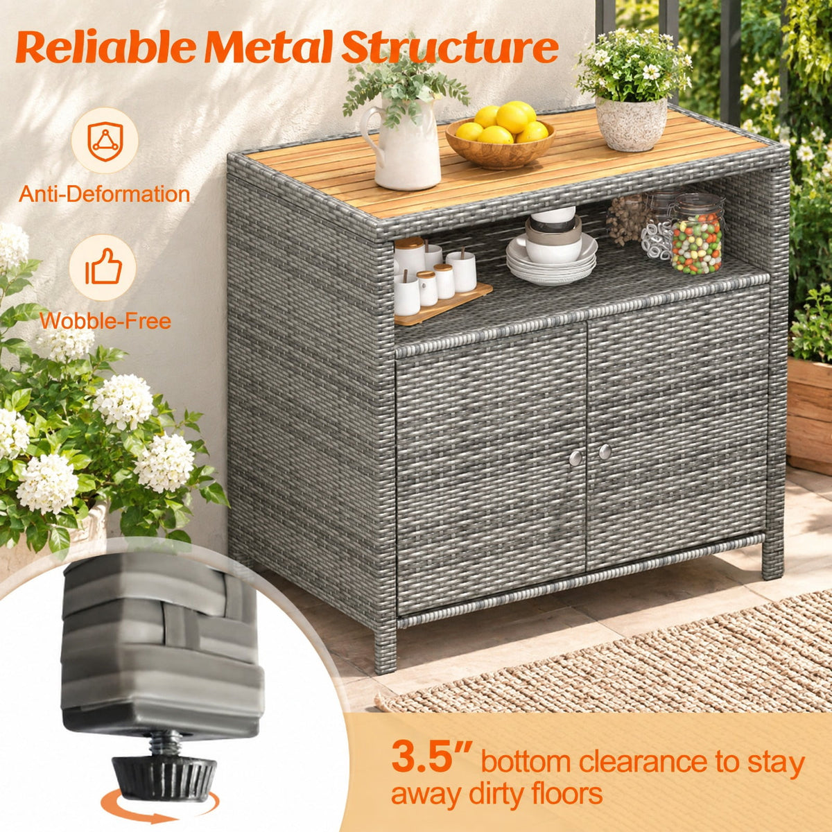 Airfind Rattan Storage Cabinet with Acacia Wood Countertop for Poolside Deck and Patio, 100 lbs Capacity, PE Rattan Acacia Wood Metal Frame, Gray