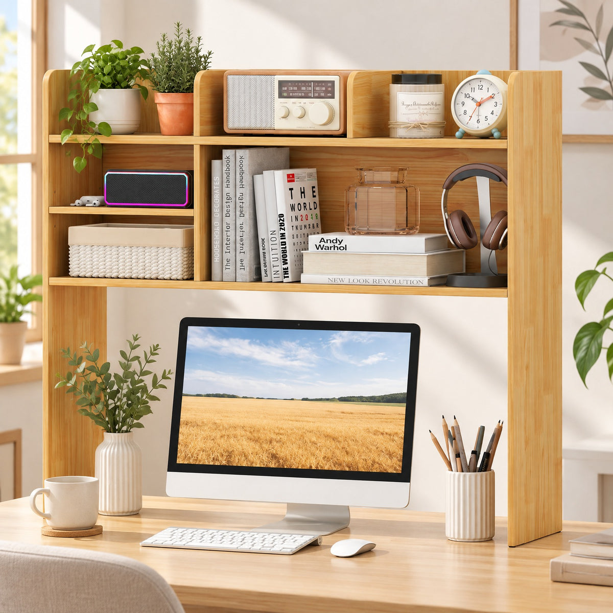 Airfind Desktop Bookshelf Countertop Storage Hutch with 6 Shelves, of Top Tier 66 lbs Capacity, Engineered Wood MDF Frame, Beige
