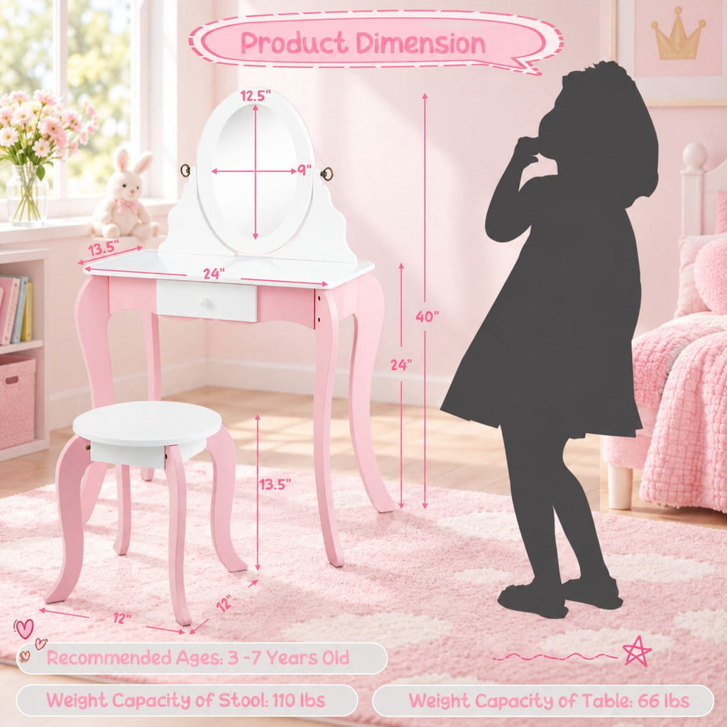 Airfind Pretend Kids Vanity Set with 360° Rotatable Mirror and Play Accessories, 66 lbs Capacity, MDF Acrylic Frame, 24 x 13.5 x 40 Footprint