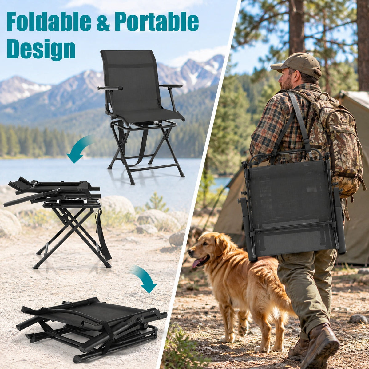 Airfind Foldable Swivel Hunting Chair with Mesh Back, Armrests and Wide Feet, 330 lbs Capacity for Ground Blind and Outdoor Use, Black