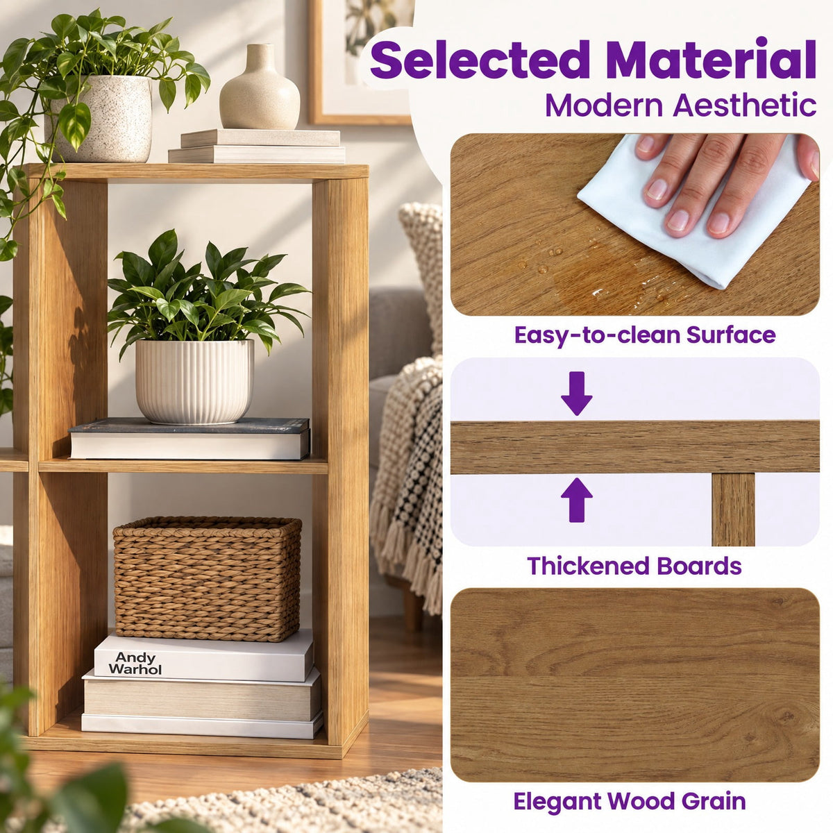 Airfind 6 Cube Bookshelf with Back Guardrail for Living Room Bedroom, 154 lbs Capacity, Engineered Wood Frame, 41 Inch x 13 Inch x 27.5 Inch Footprint, Natural
