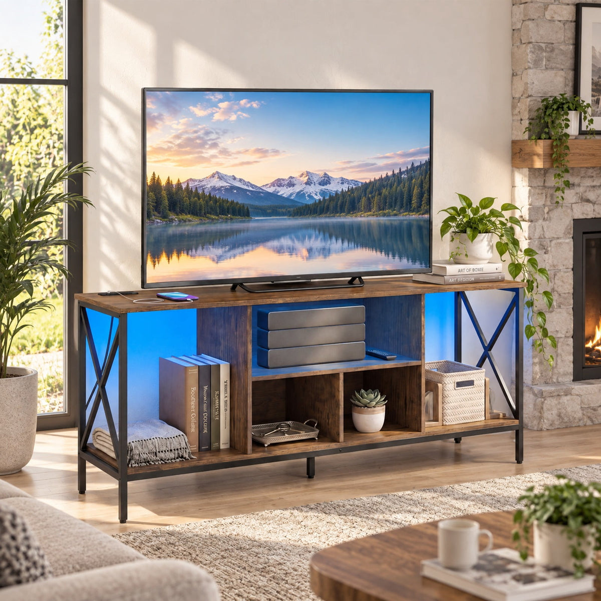 Airfind TV Stand with LED Lights for 65 Inch TV Entertainment Center with Power Outlets, 132 lbs Capacity, Metal Engineered Wood MDF Frame, Brown