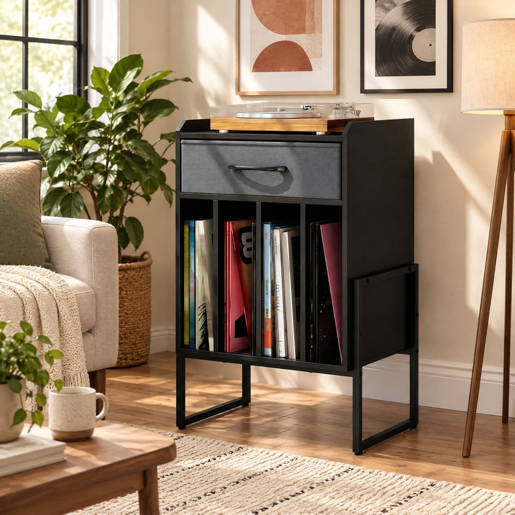 Airfind Record Player Stand with Drawer and Record Holder, 66 lbs Capacity, Engineered Wood MDF Metal Non-woven Fabric Frame, Black