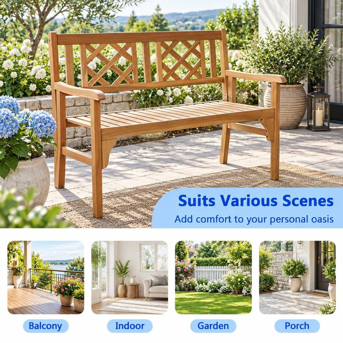 Airfind Patio Foldable Bench with Curved Backrest and Armrest, 705 lbs Capacity, Acacia wood Frame, Teak