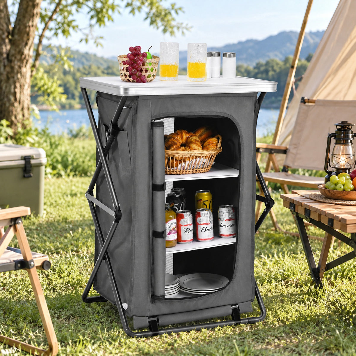 Airfind Folding Camping Storage Cabinet with 3 Shelves and Carry Bag, 33 lbs Weight capacity of each shelf: 11 lbs L: Capacity, Gray