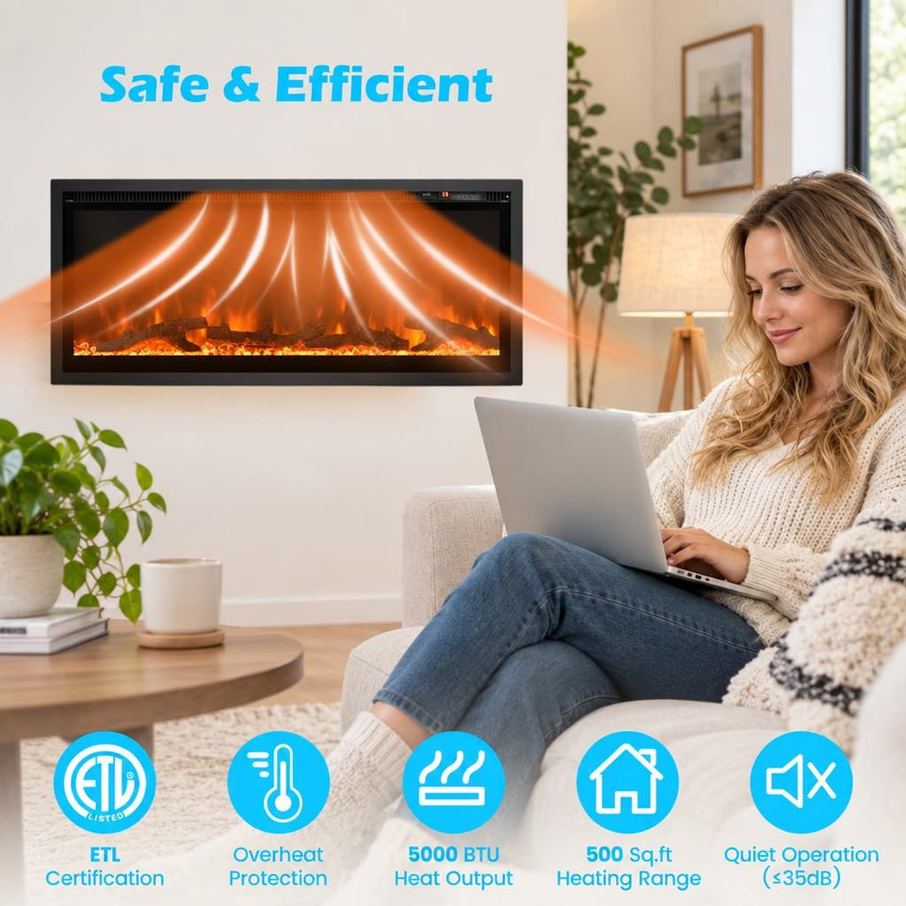 Airfind Electric Fireplace In-wall Recessed with Remote Control and Adjustable Color and Brightness-42 Inches for Everyday Use, Black