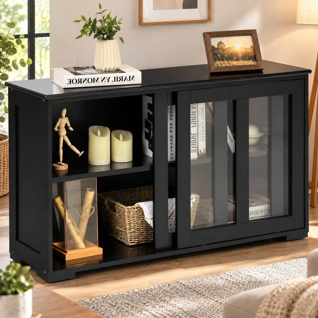 Airfind Kitchen Storage Cabinet with Glass Sliding Door, MDF transparent tempered glass Frame, 42in x 13.0in x 24.5in Footprint, Black