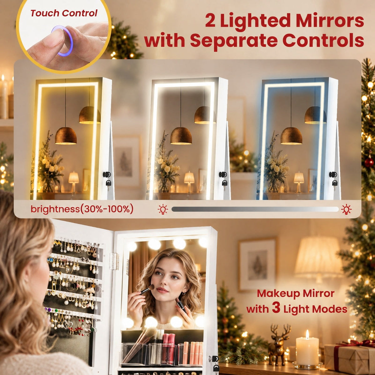 Airfind 360° Swivel Freestanding Jewelry Cabinet with Lighted Full Length Mirror, MDF Frame, White, Open storage shelves for easy reach