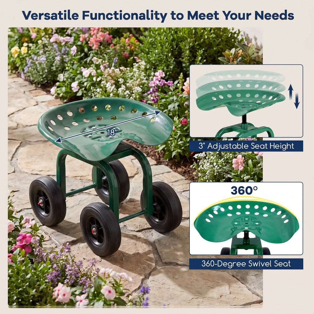 AIRFIND Rolling Garden Work Stool with 360-Degree Swivel Seat, Adjustable 16-19 in Height, 7 in Wheels and 330 lb Capacity, Green