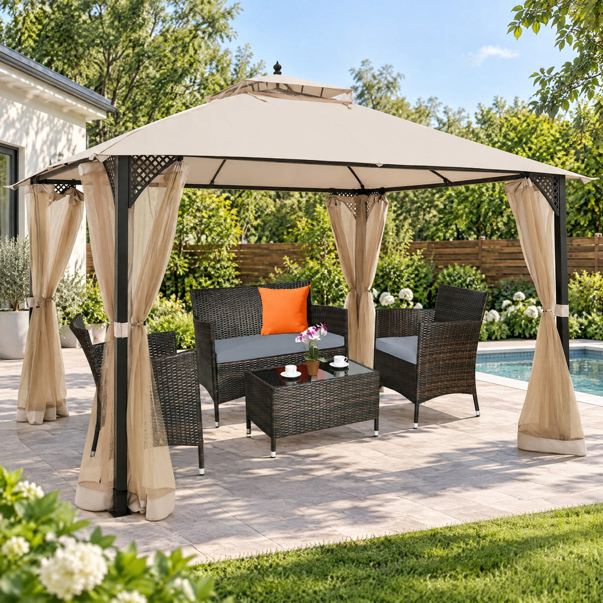 Airfind 12 x 10Outdoor Double Top Patio Gazebo, Polyester steel Frame, 12 x 10 x 9.5 Footprint, Beige