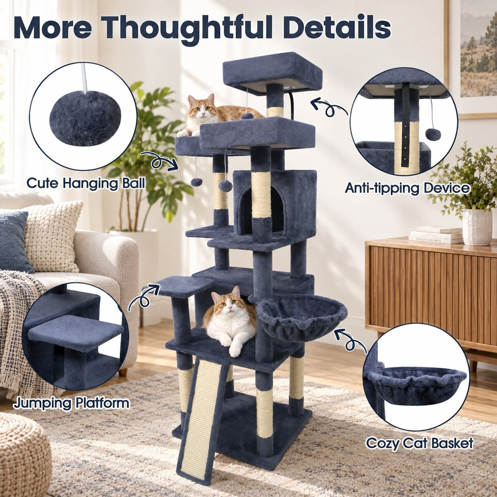 Airfind 65 Inch Tall Multi-level Cat Tree with 3 Upholstered Perch and 2 Cat Condos, Fabric Sisal Engineered Wood Overall Height 65 Inch Base Frame