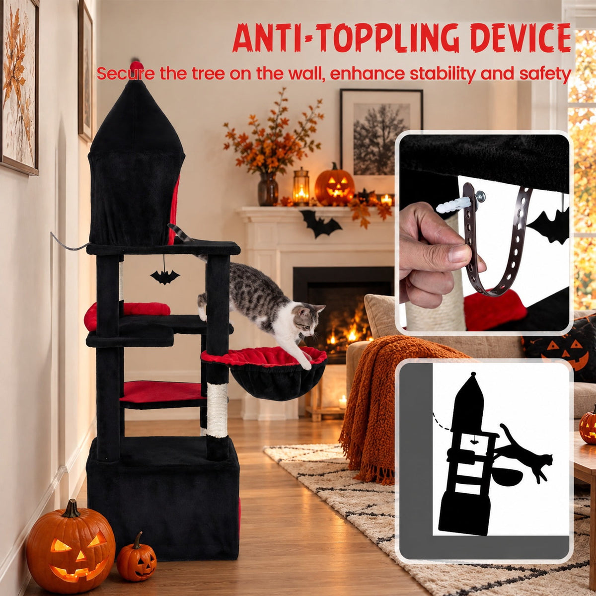 Airfind 63 Inch Gothic Cat Tree with Condo and Top Cave for Large Cats 20+ LBS, 22 lbs Capacity, Black