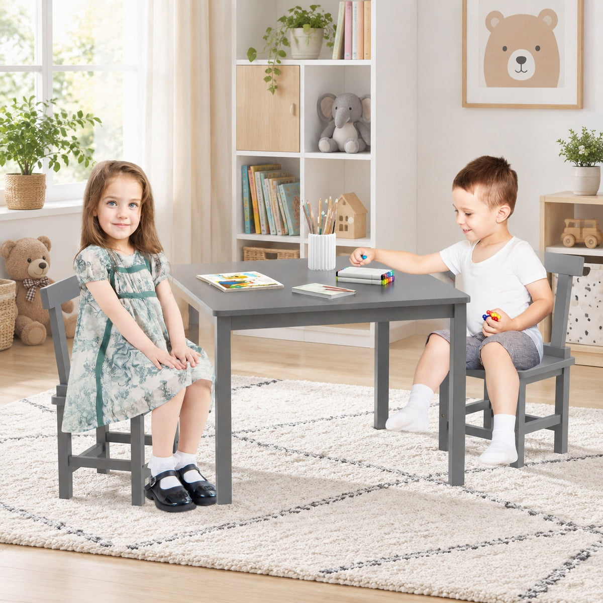 Airfind Wooden Kids Table and 2 Chairs Set with Anti-slip Foot Pads, Rubber Wood Acacia Wood MDF Frame, 30 x 30 x 22 inch Footprint, Gray
